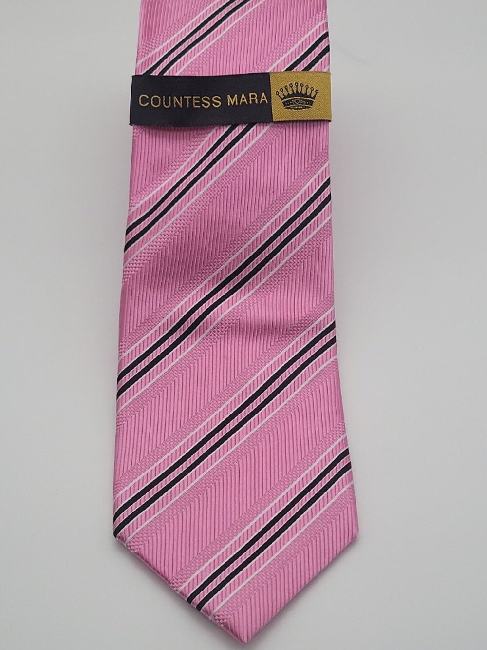 Countess Mara 100% Silk Striped Pink Black White Men's Tie Handmade Woven Logo